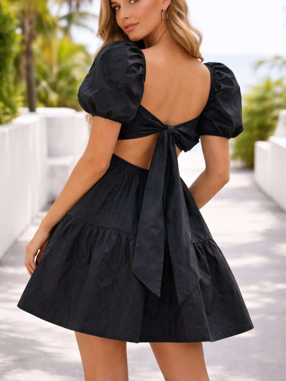 Wilfred Aritzia Black Puff Sleeve Mini Dress Bow Back Tiered XS